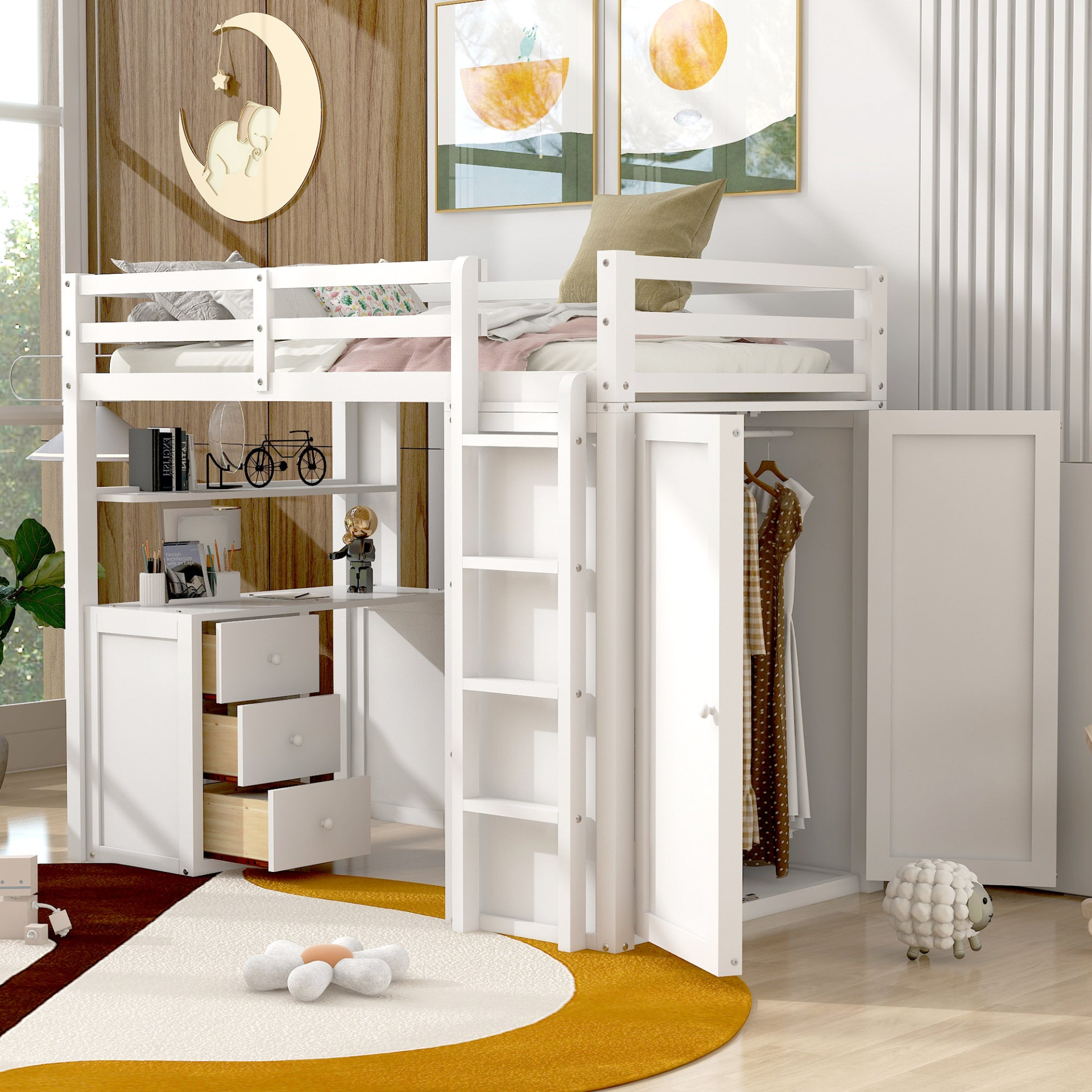 Twin size solid wood loft bed with built-in desk, drawers, and wardrobe storage, ideal for bedroom or study space by Start2Finish.