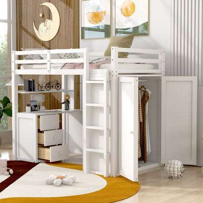 Twin size solid wood loft bed with built-in desk, drawers, and wardrobe storage, ideal for bedroom or study space by Start2Finish.