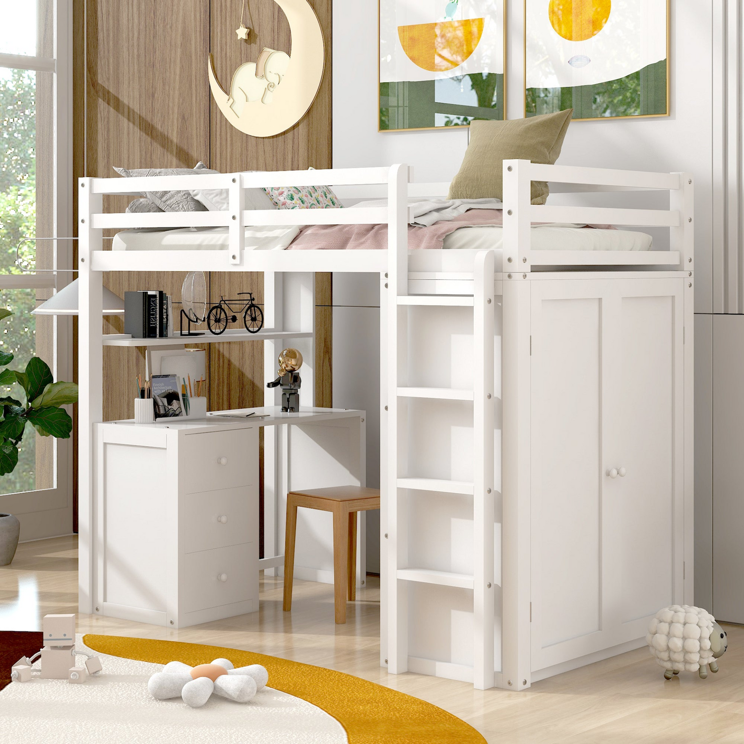 Twin size loft bed by Start2Finish with solid wood frame, built-in desk, drawers, and wardrobe storage for bedroom or study.