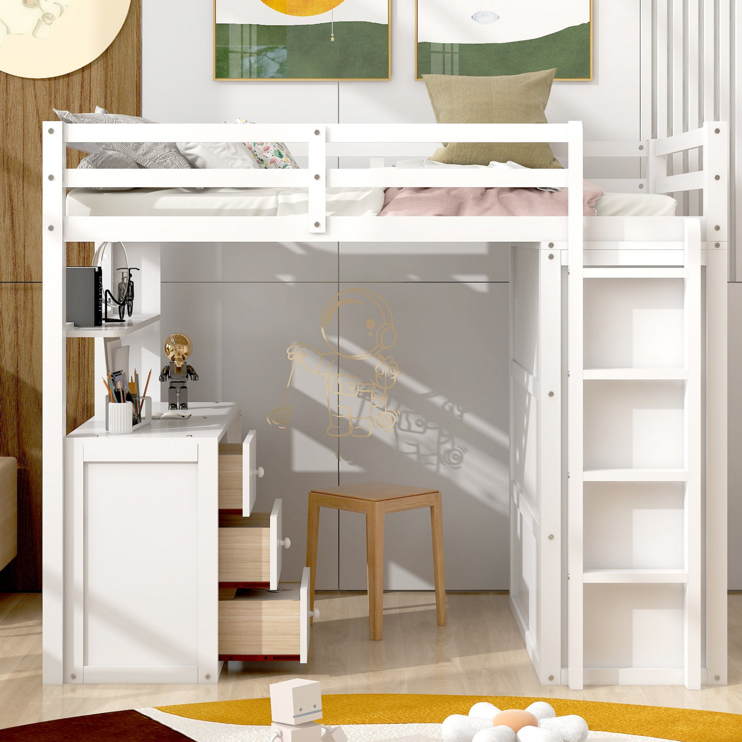 Twin size loft bed by Start2Finish with solid wood frame, built-in desk, drawers, and wardrobe storage for bedroom or study space.