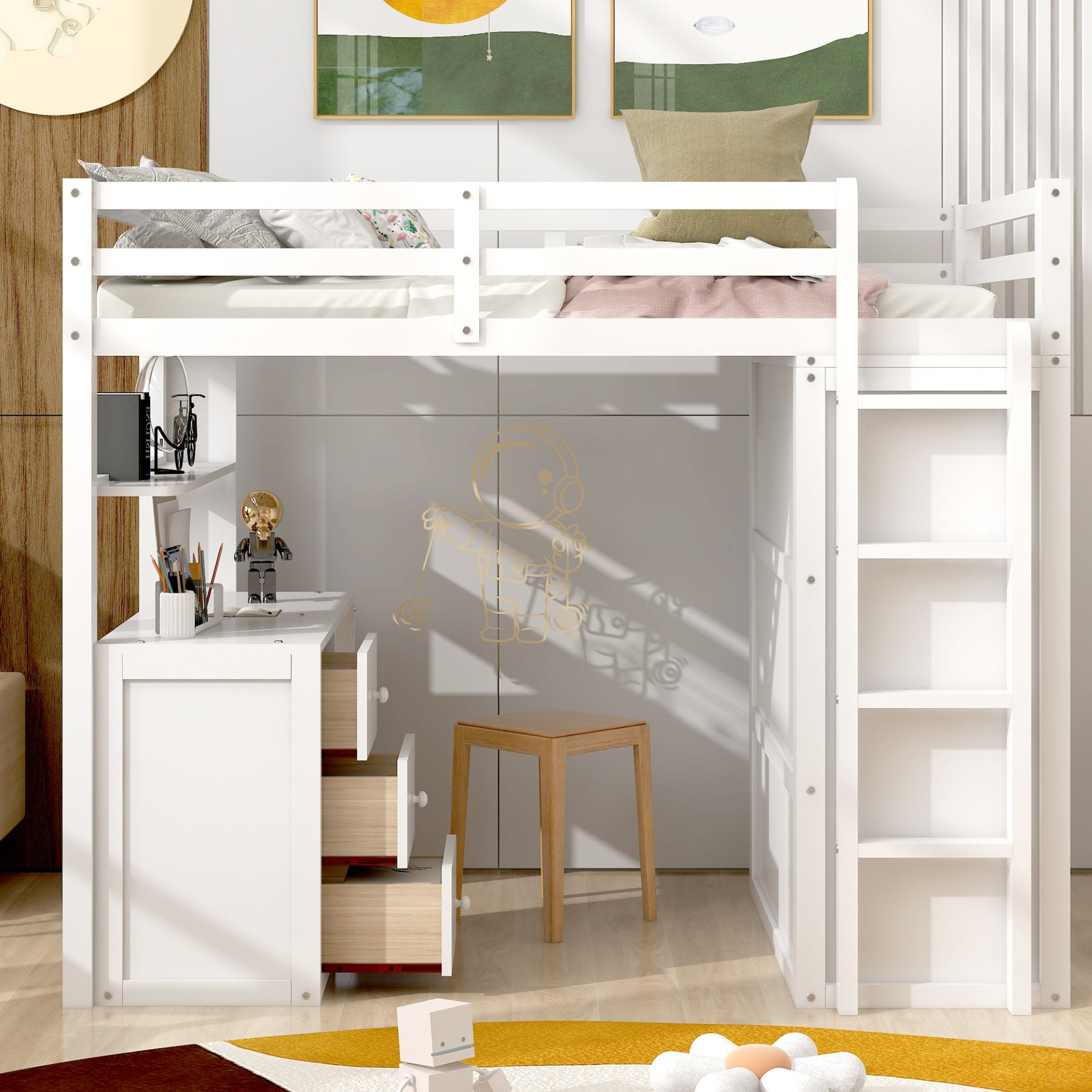 Twin size loft bed by Start2Finish with solid wood frame, built-in desk, drawers, and wardrobe storage for bedroom or study space.