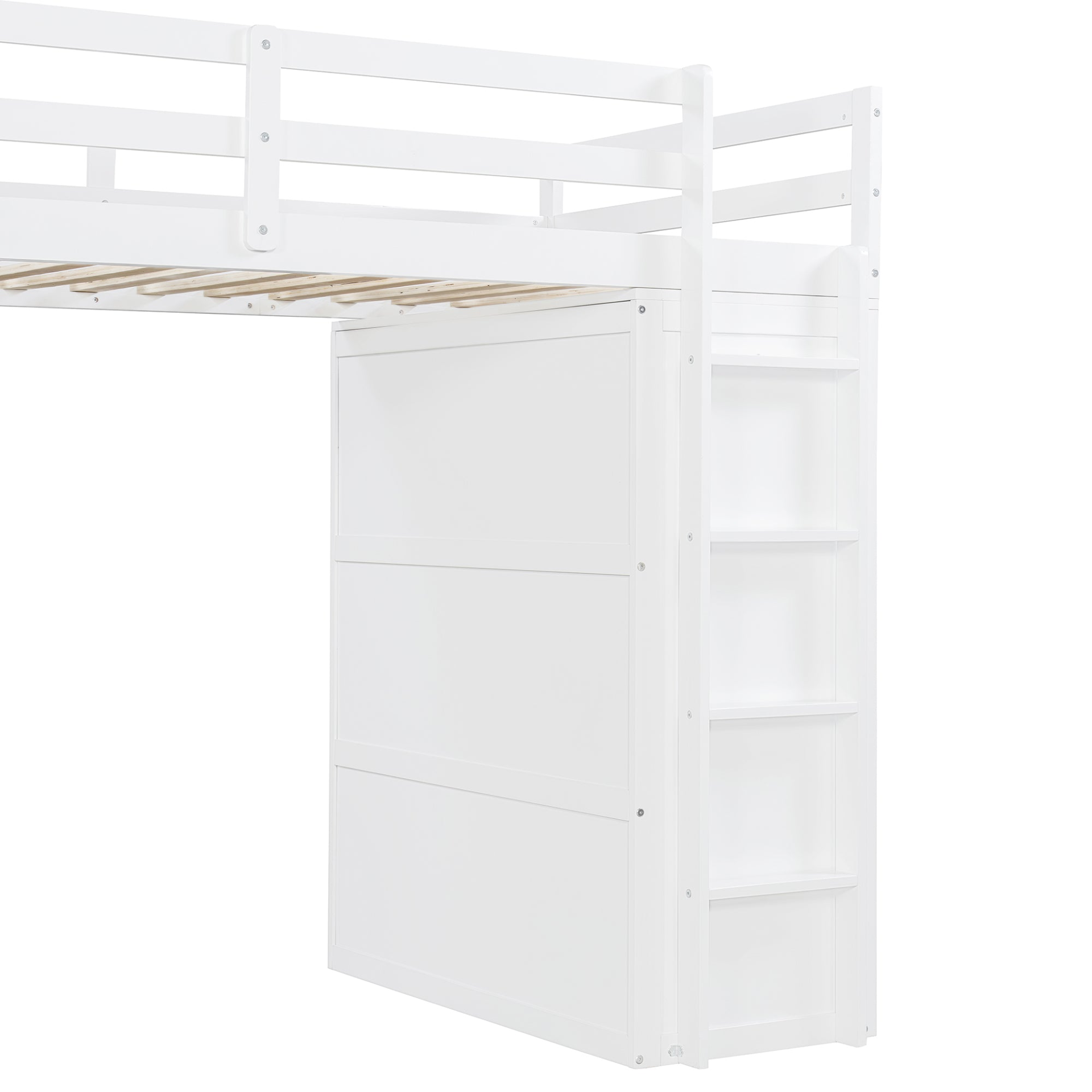 Twin size loft bed by Start2Finish with solid wood frame, built-in desk, drawers, and wardrobe storage for bedroom or study.