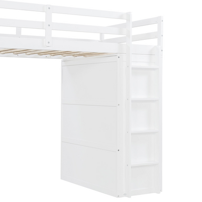 Twin size loft bed by Start2Finish with solid wood frame, built-in desk, drawers, and wardrobe storage for bedroom or study.