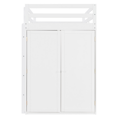 Twin size loft bed by Start2Finish featuring solid wood construction, built-in desk, drawers, and wardrobe storage in a bedroom setting.