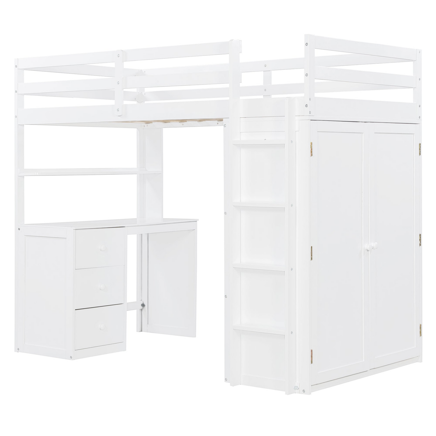 Twin size solid wood loft bed by Start2Finish with built-in desk, drawers, and wardrobe storage for bedroom or study space.