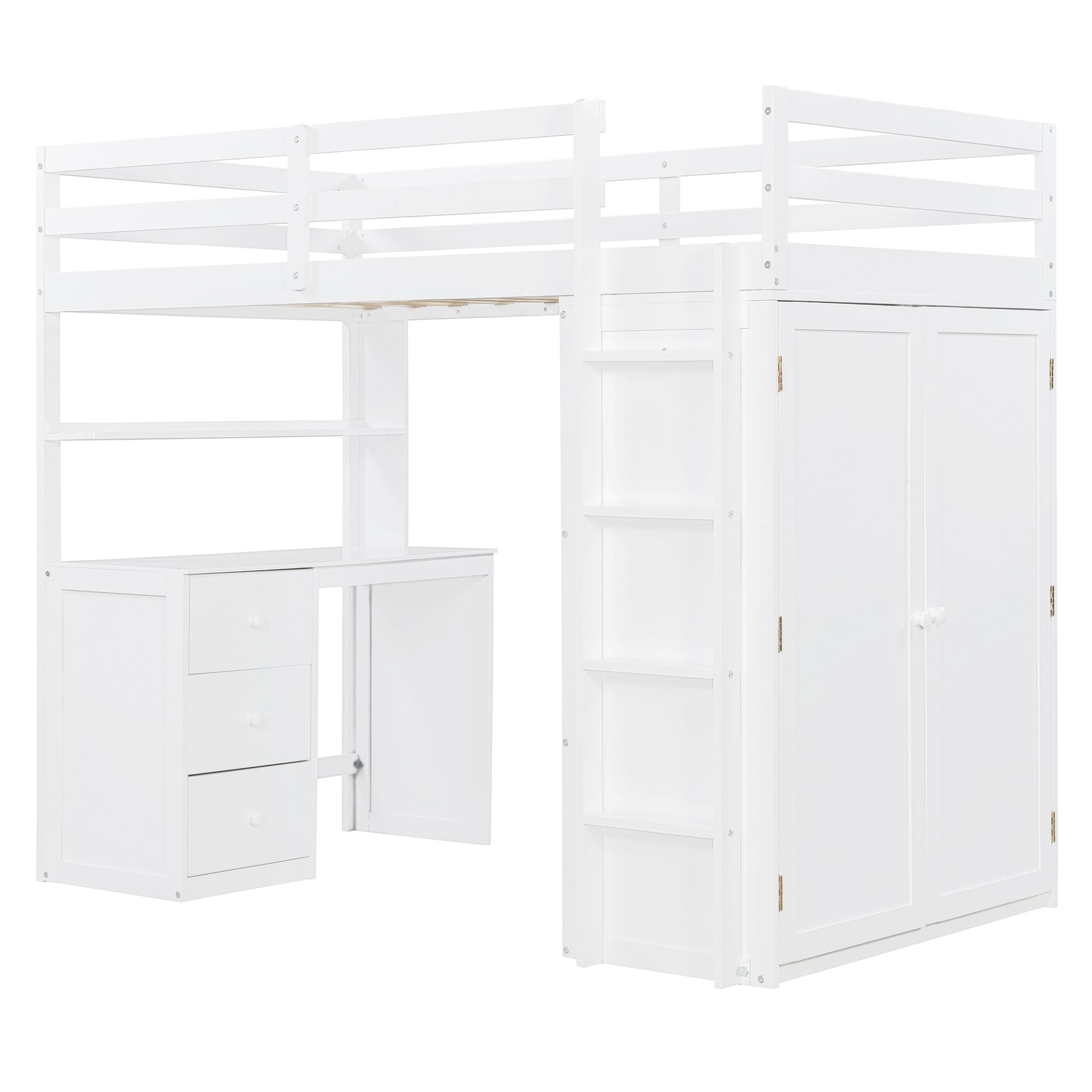 Twin size solid wood loft bed by Start2Finish with built-in desk, drawers, and wardrobe storage for bedroom or study space.