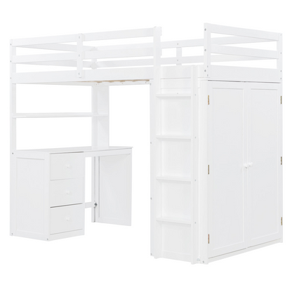 Twin size solid wood loft bed by Start2Finish with built-in desk, drawers, and wardrobe storage for bedroom or study space.