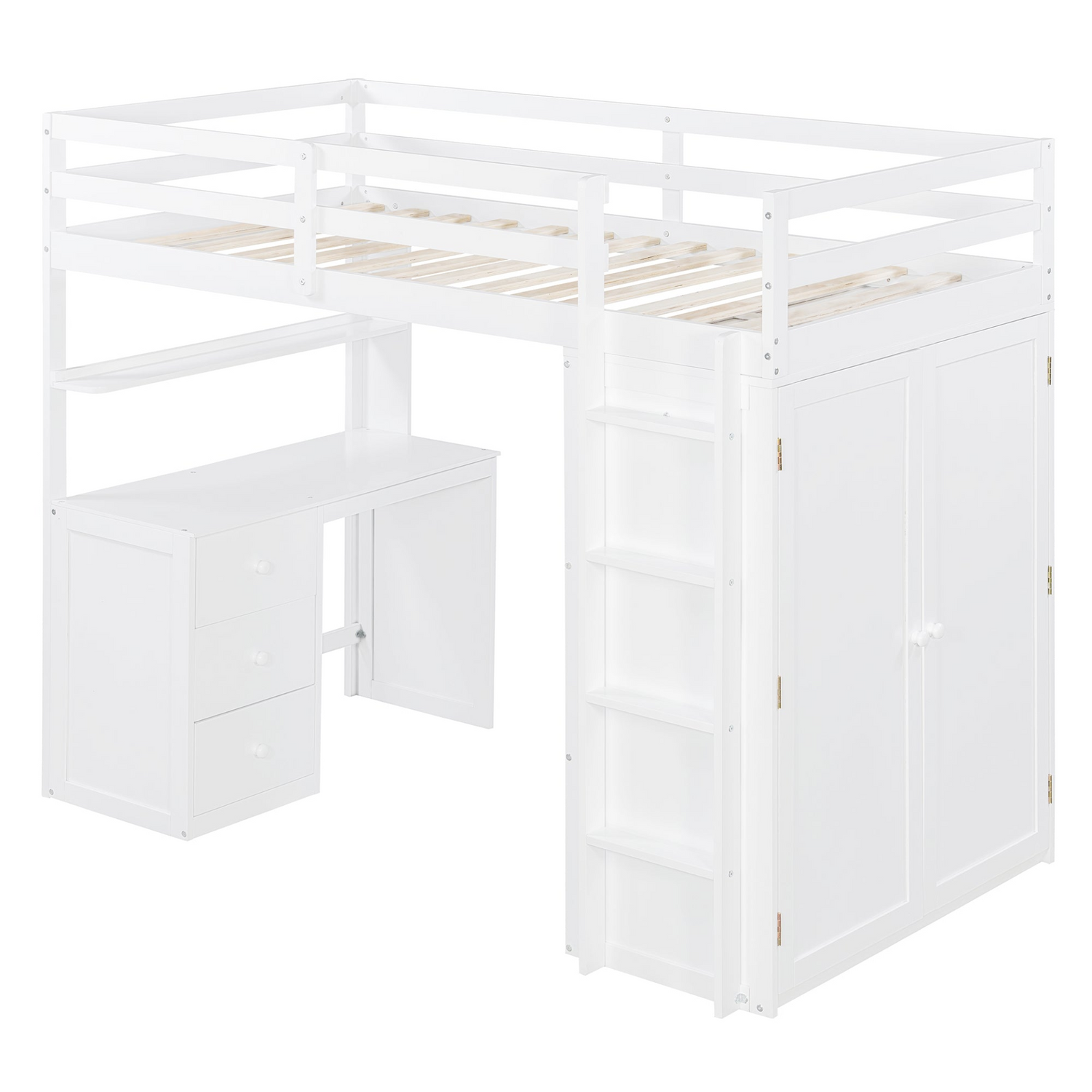 Twin size loft bed by Start2Finish with solid wood frame, built-in desk, drawers, and wardrobe storage for bedroom or study area