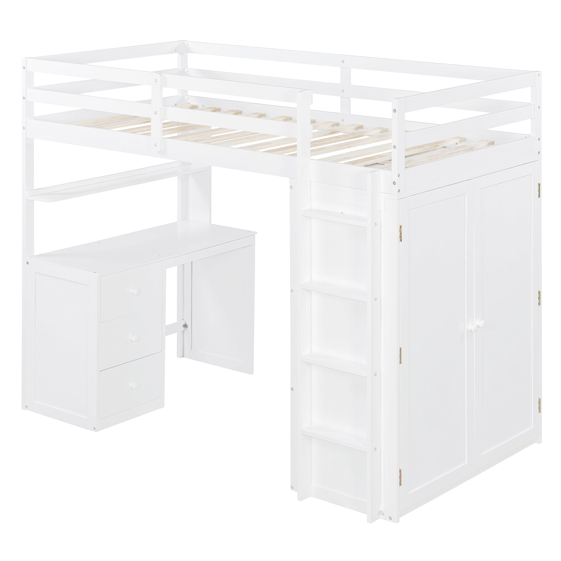 Twin size loft bed by Start2Finish with solid wood frame, built-in desk, drawers, and wardrobe storage for bedroom or study area