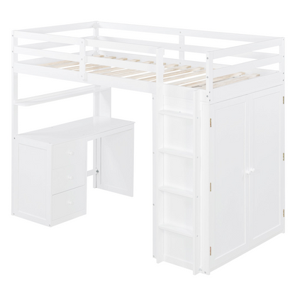 Twin size loft bed by Start2Finish with solid wood frame, built-in desk, drawers, and wardrobe storage for bedroom or study area