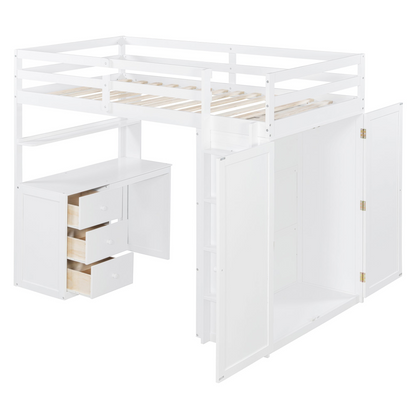 Twin size loft bed by Start2Finish with solid wood frame, built-in desk, drawers, and wardrobe storage for bedroom or study space