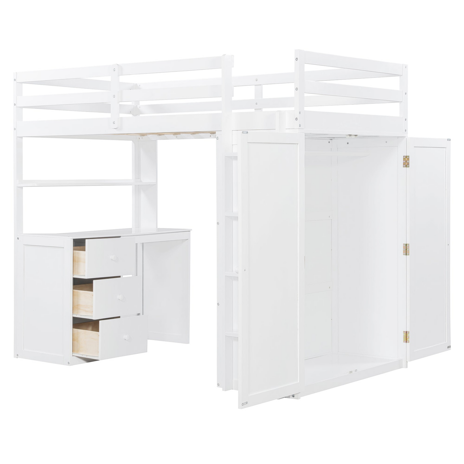 Twin size solid wood loft bed with built-in desk, drawers, and wardrobe storage, ideal for bedroom or study space by Start2Finish.