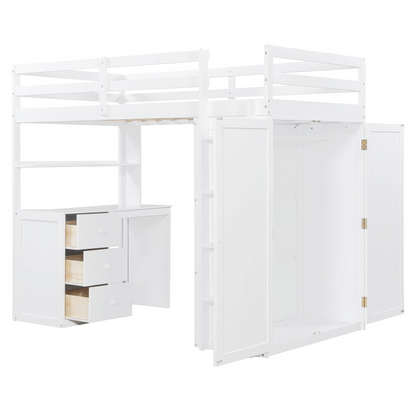 Twin size solid wood loft bed with built-in desk, drawers, and wardrobe storage, ideal for bedroom or study space by Start2Finish.