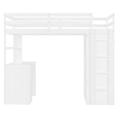Twin size solid wood loft bed by Start2Finish with built-in desk, drawers, and wardrobe storage for bedroom or study space