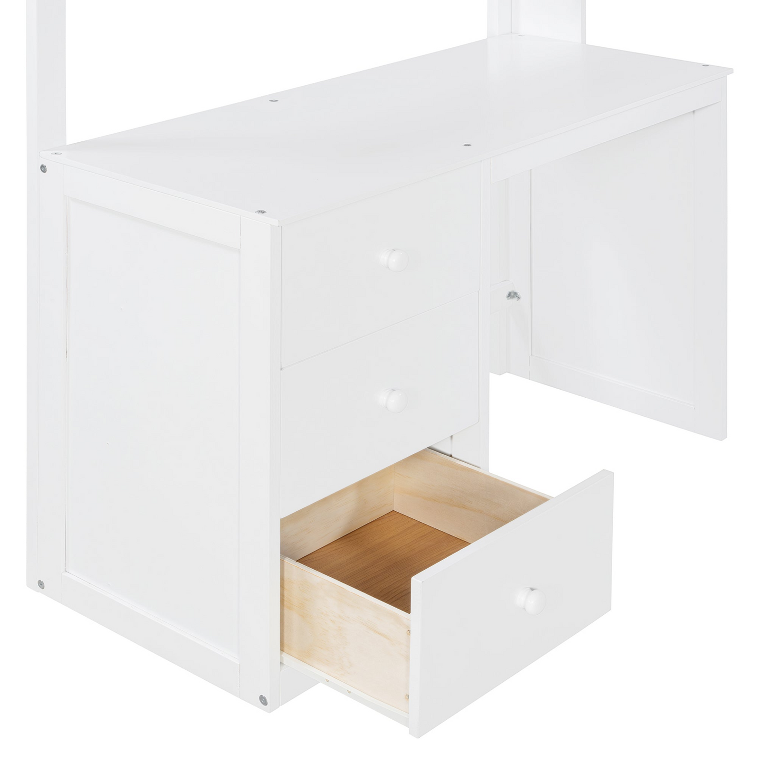 Twin size solid wood loft bed by Start2Finish with built-in desk, drawers, and wardrobe storage for bedroom or study space.