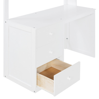 Twin size solid wood loft bed by Start2Finish with built-in desk, drawers, and wardrobe storage for bedroom or study space.