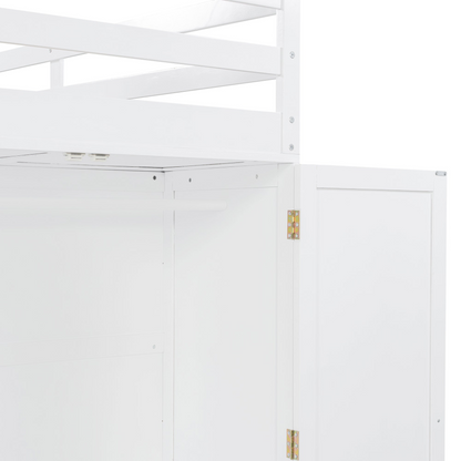 Twin size loft bed by Start2Finish with solid wood frame, integrated desk, drawers, and wardrobe storage for bedroom or study space.