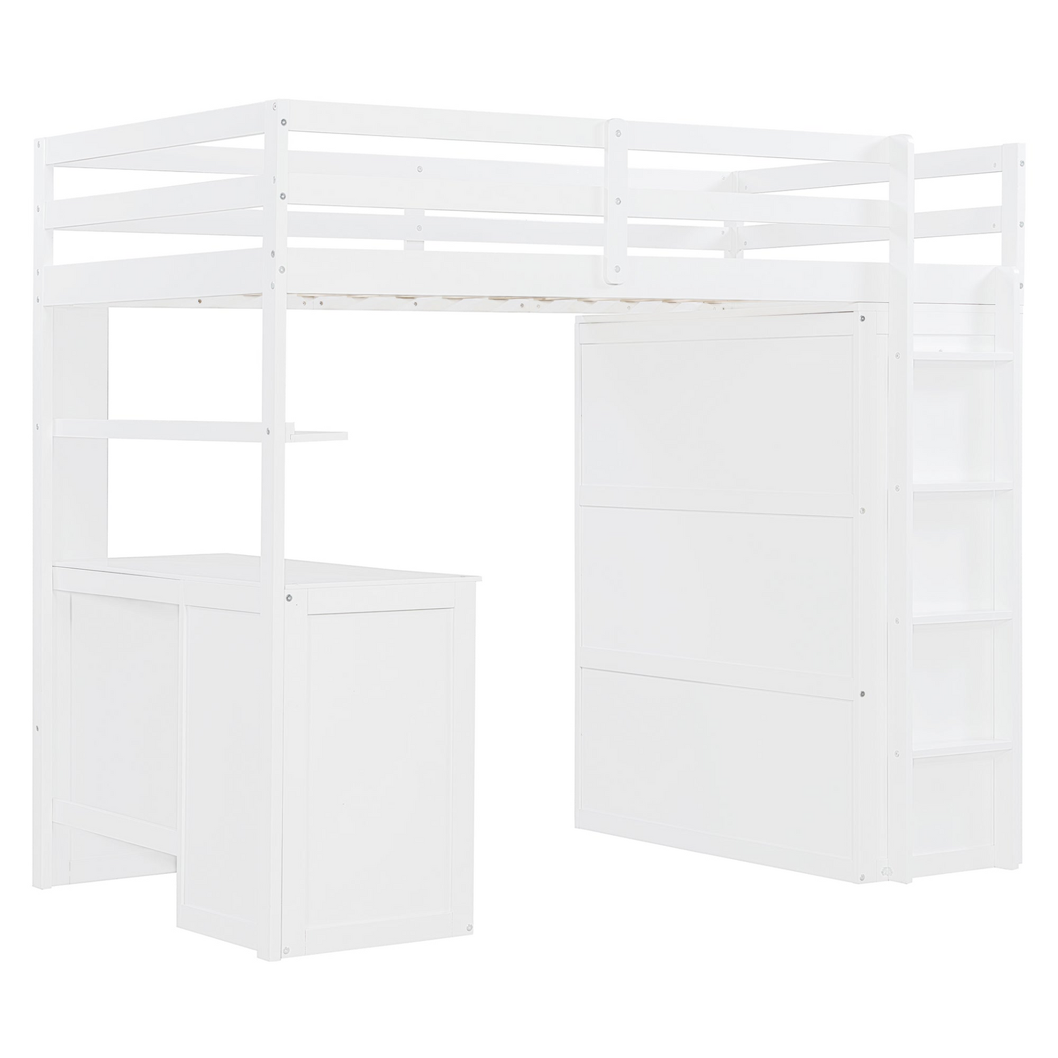 Twin size solid wood loft bed with built-in desk, drawers, and wardrobe storage from Start2Finish, ideal for bedroom or study space.