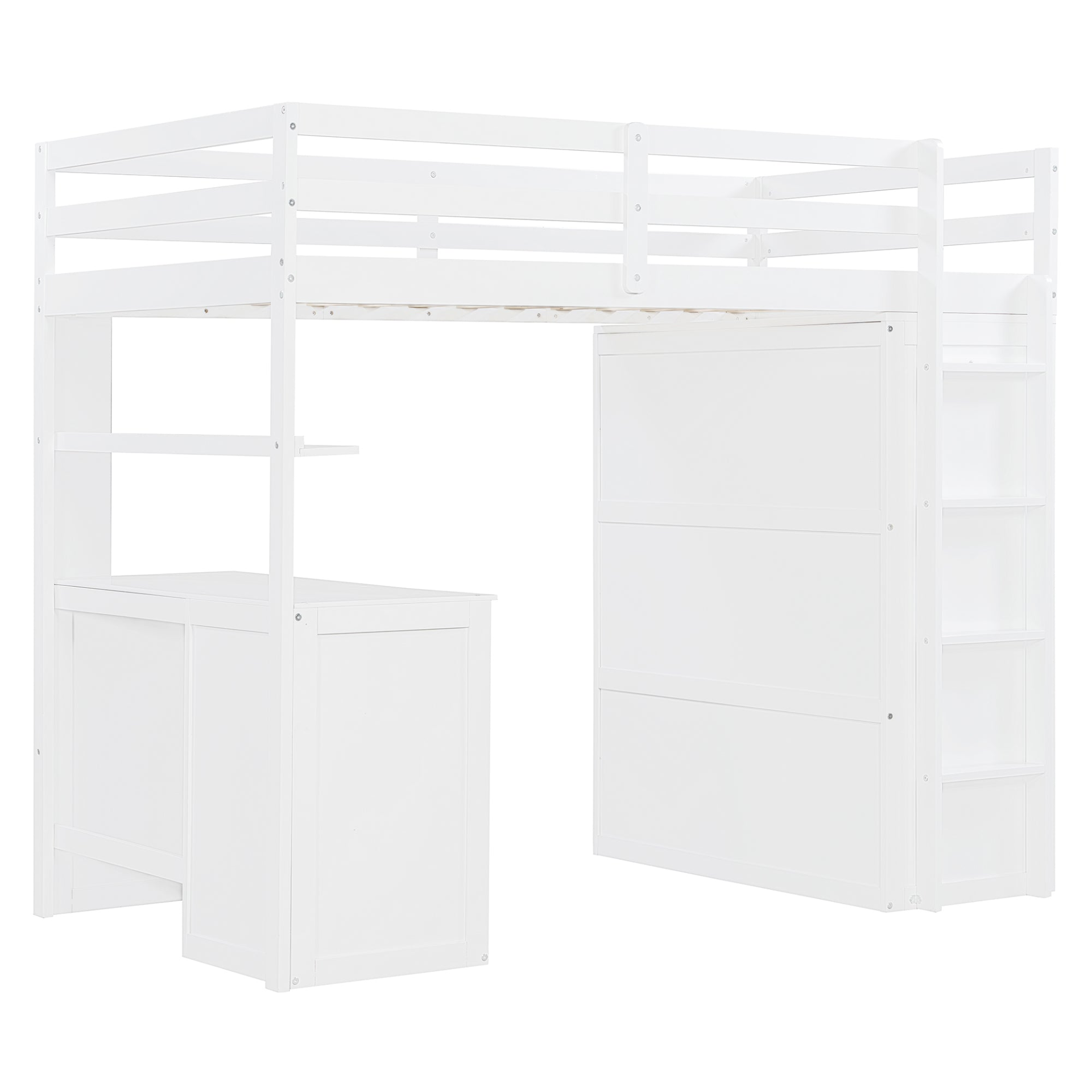 Twin size solid wood loft bed with built-in desk, drawers, and wardrobe storage from Start2Finish, ideal for bedroom or study space.