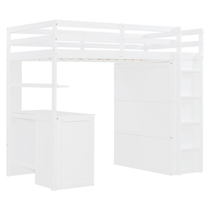 Twin size solid wood loft bed with built-in desk, drawers, and wardrobe storage from Start2Finish, ideal for bedroom or study space.