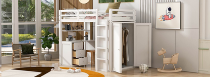 Twin size loft bed by Start2Finish with solid wood frame, built-in desk, drawers, and wardrobe storage for bedroom or study space.