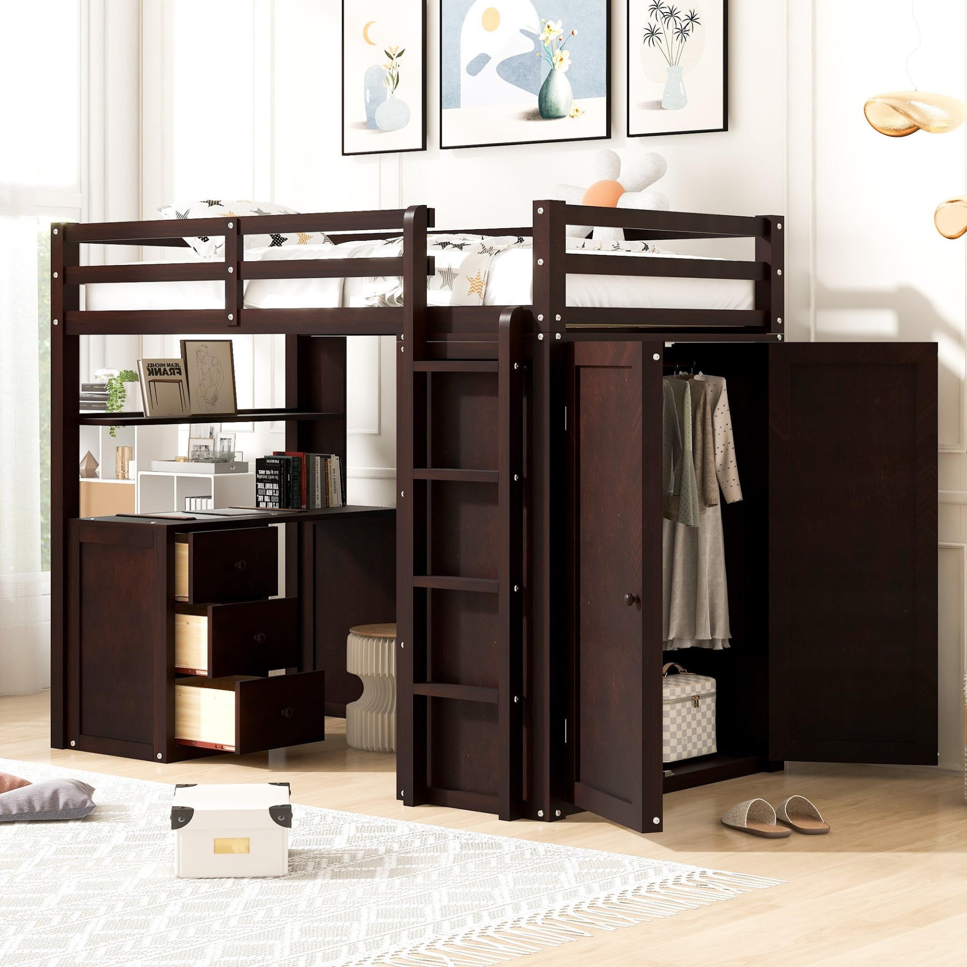 Twin size solid wood loft bed with built-in desk, drawers, and wardrobe storage, ideal for bedroom or study space by Start2Finish.