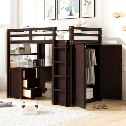 Twin size solid wood loft bed with built-in desk, drawers, and wardrobe storage, ideal for bedroom or study space by Start2Finish.