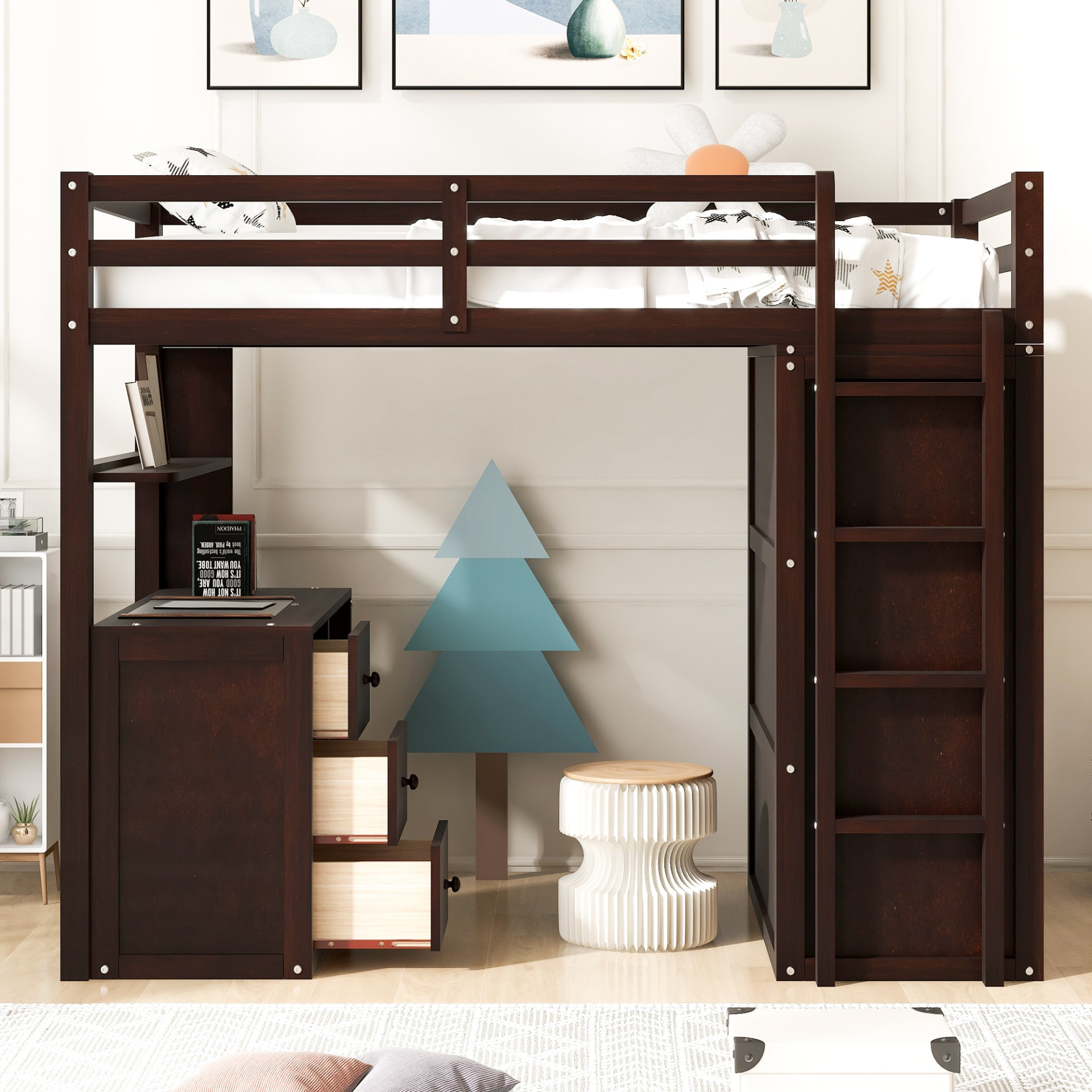 Twin size solid wood loft bed by Start2Finish with built-in desk, drawers, and wardrobe storage for bedroom or study space.