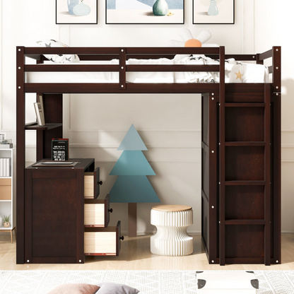 Twin size solid wood loft bed by Start2Finish with built-in desk, drawers, and wardrobe storage for bedroom or study space.