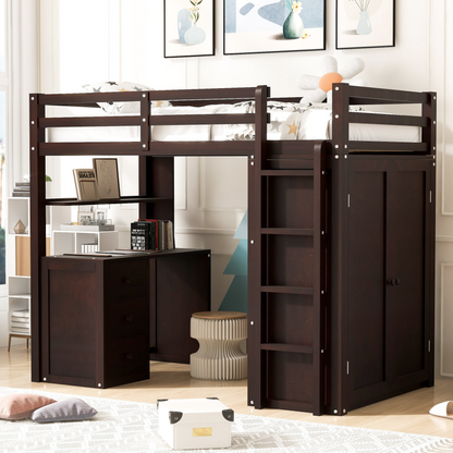 Twin size loft bed by Start2Finish with solid wood frame, built-in desk, drawers, and wardrobe storage for bedroom or study.