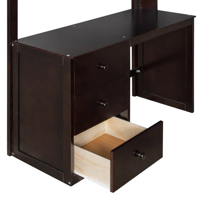 Twin size solid wood loft bed with built-in desk, drawers, and wardrobe storage from Start2Finish, ideal for bedroom or study space