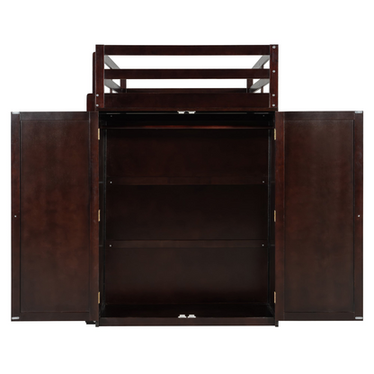 Twin size loft bed by Start2Finish with solid wood frame, built-in desk, drawers, and wardrobe storage for bedroom or study space.