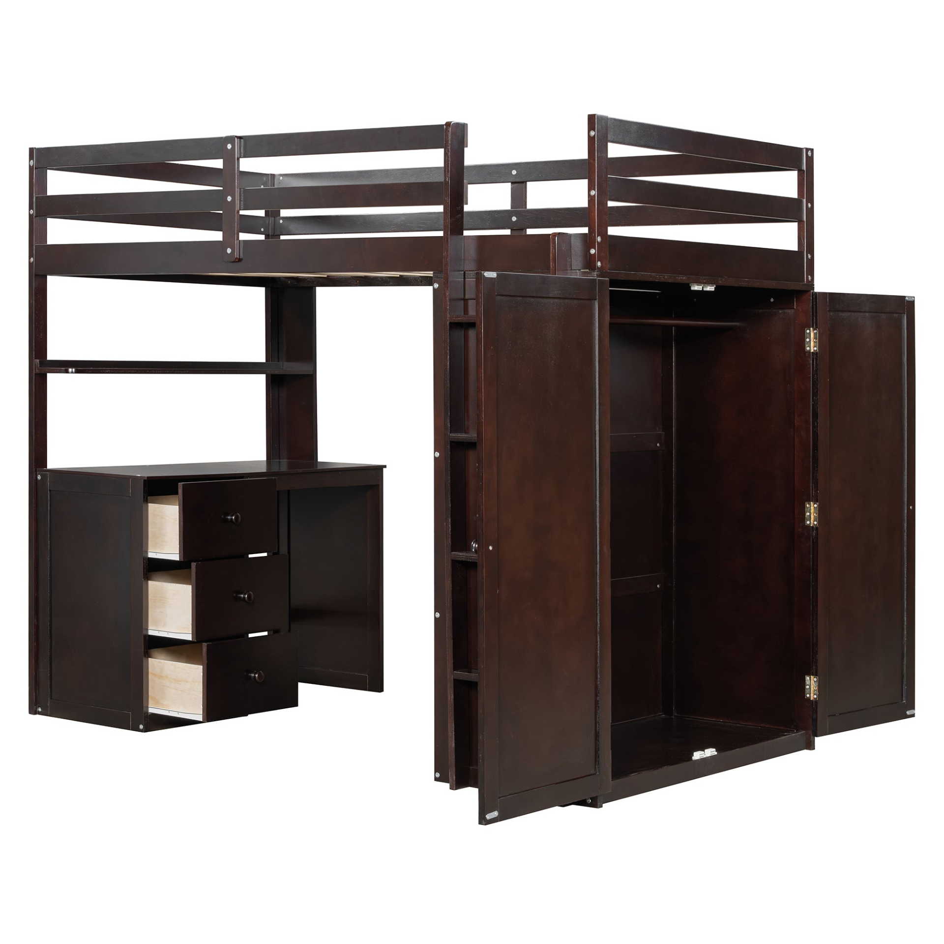 Twin size loft bed by Start2Finish with solid wood frame, built-in desk, drawers, and wardrobe storage for bedroom or study space