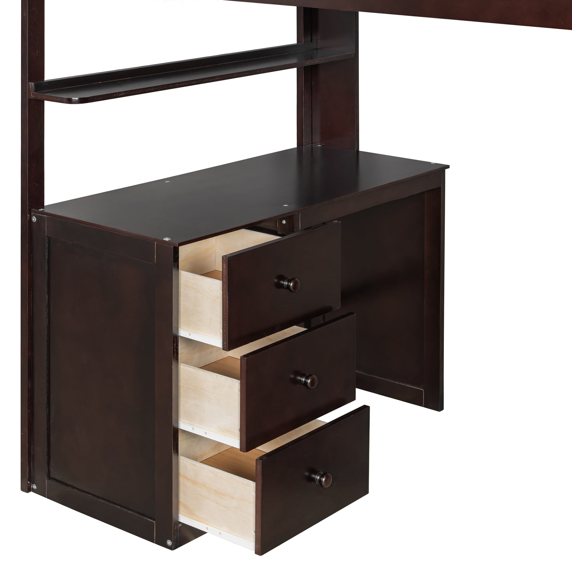 Twin size solid wood loft bed with built-in desk, drawers, and wardrobe storage in a bedroom or study space.