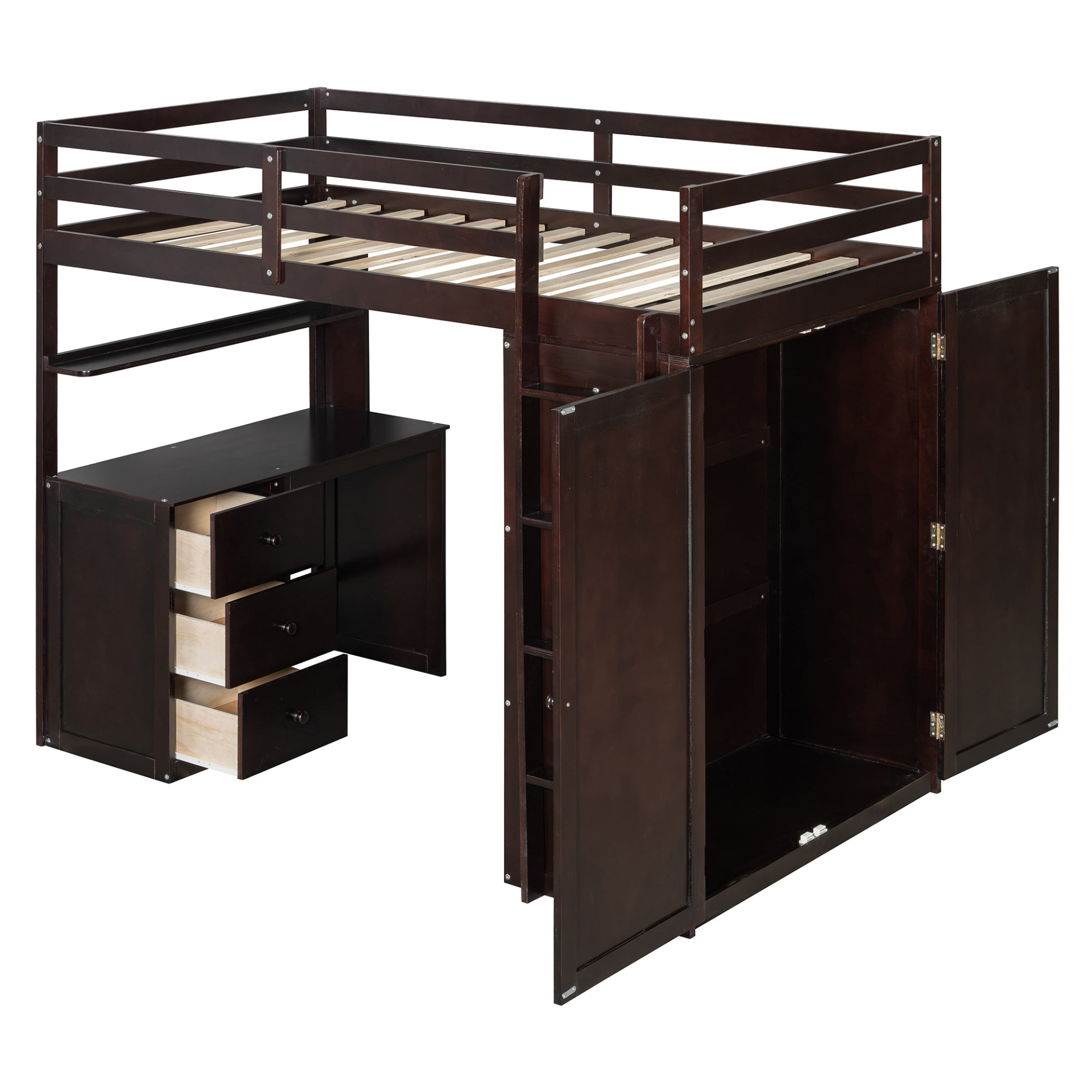 Twin size solid wood loft bed with built-in desk, drawers, and wardrobe storage, ideal for bedroom or study space by Start2Finish
