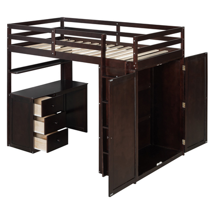 Twin size solid wood loft bed with built-in desk, drawers, and wardrobe storage, ideal for bedroom or study space by Start2Finish