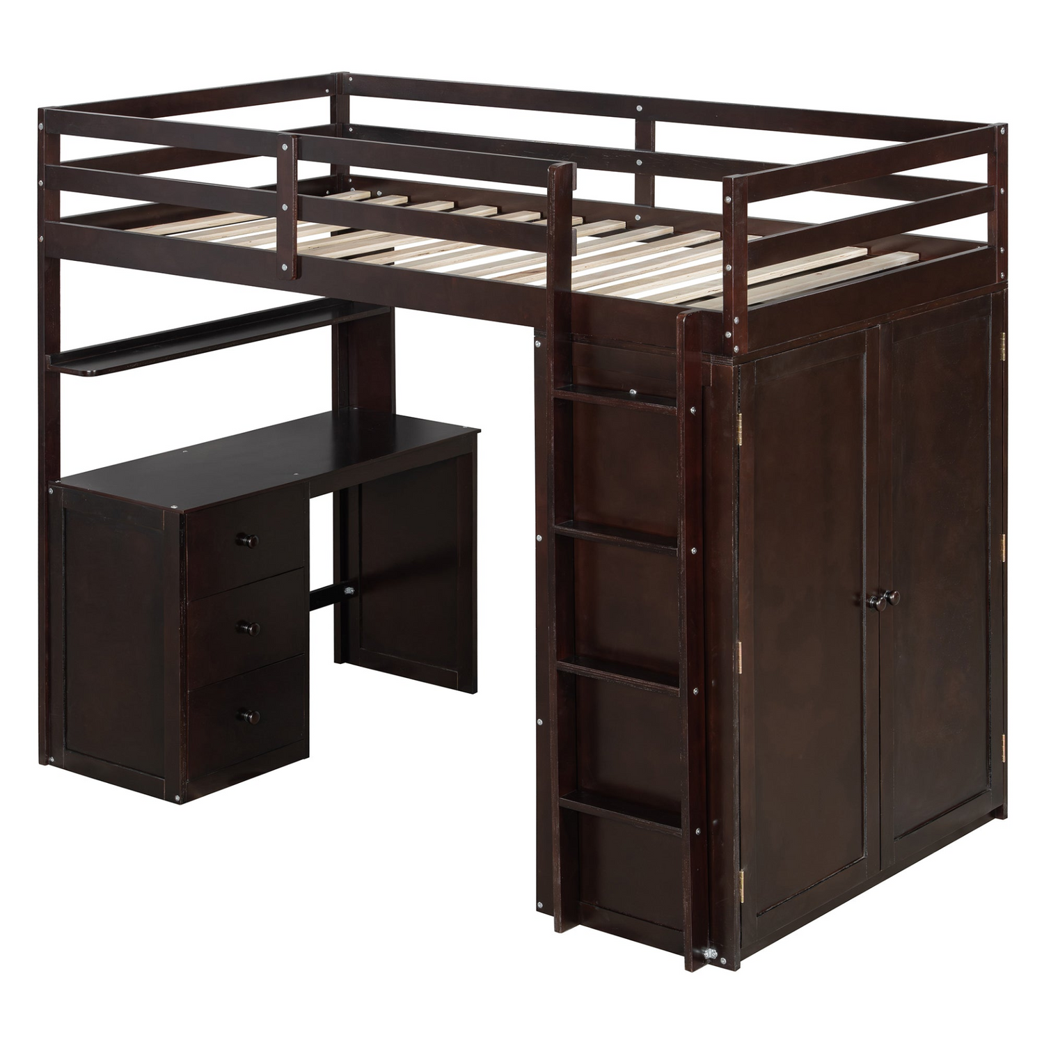 Twin size loft bed by Start2Finish with solid wood frame, built-in desk, drawers, and wardrobe storage for bedroom or study area