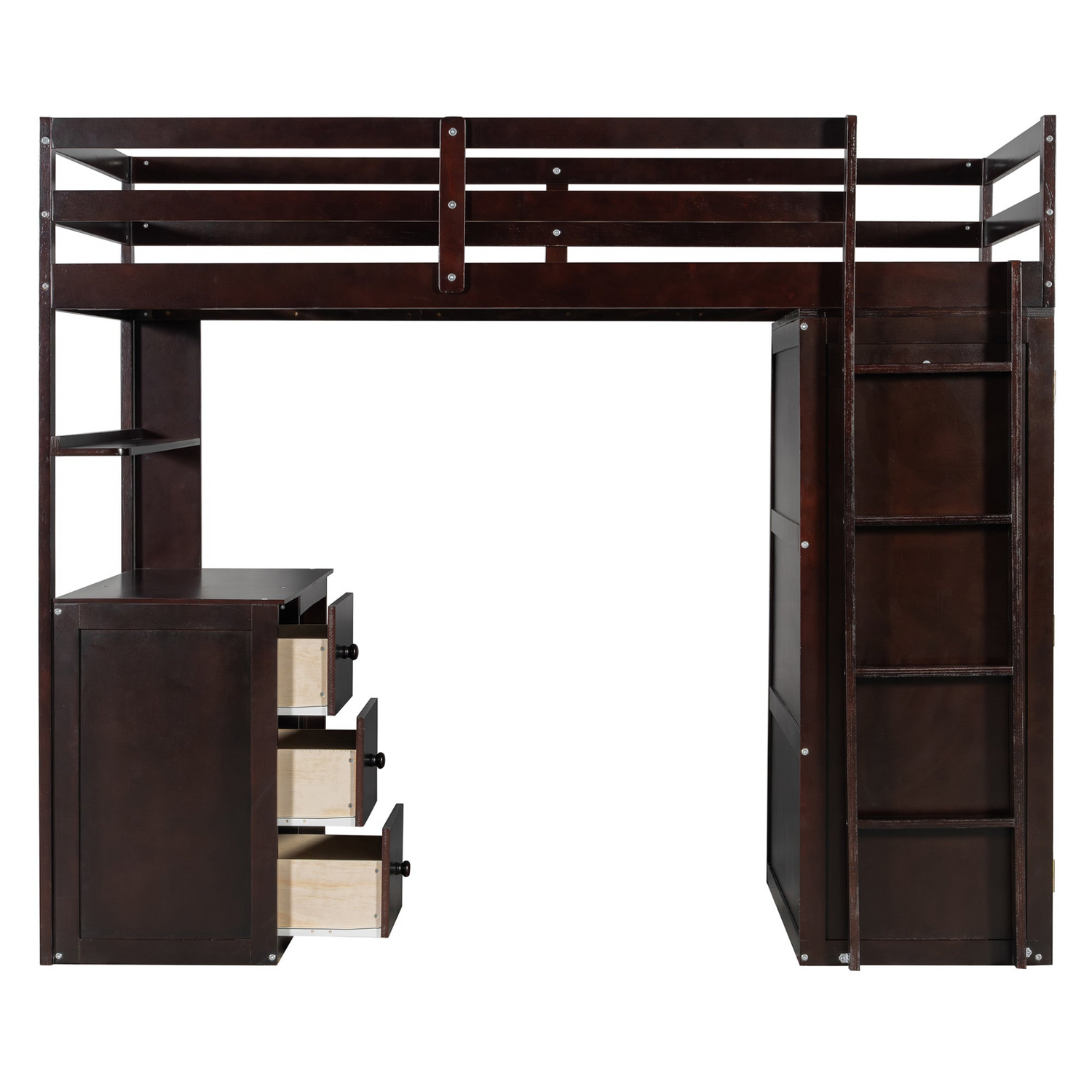Twin size solid wood loft bed with built-in desk, drawers, and wardrobe storage, ideal for bedroom or study space by Start2Finish