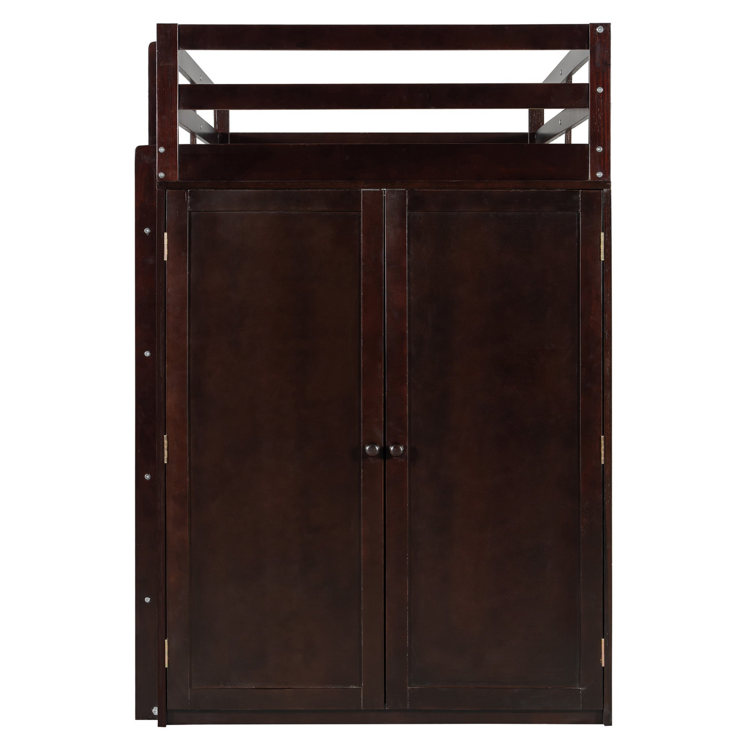 Twin size loft bed by Start2Finish with solid wood frame, built-in desk, drawers, and wardrobe storage in a bedroom setting.