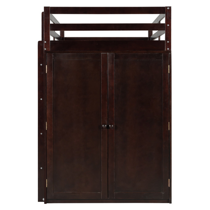 Twin size loft bed by Start2Finish with solid wood frame, built-in desk, drawers, and wardrobe storage in a bedroom setting.