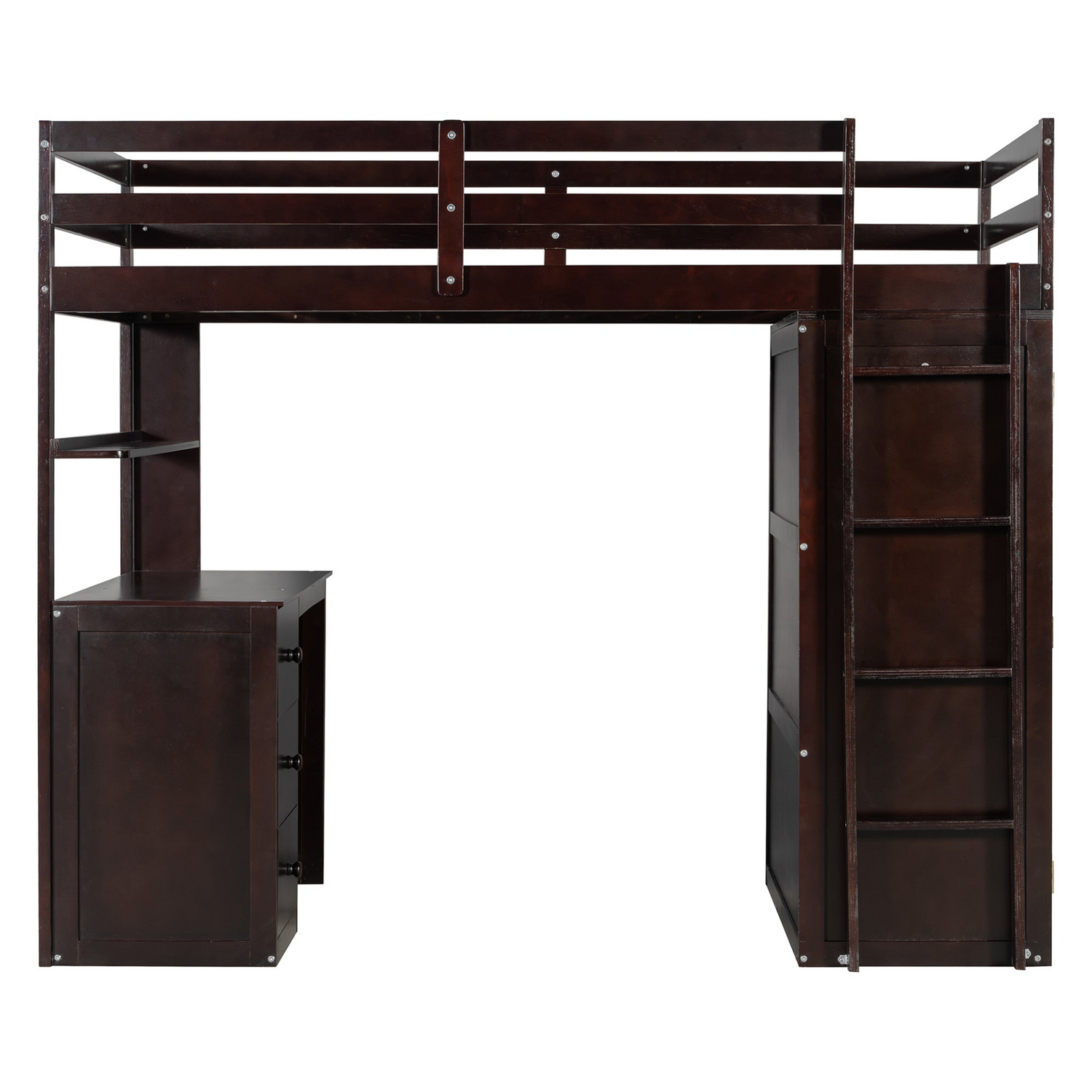 Twin size solid wood loft bed with built-in desk, drawers, and wardrobe storage from Start2Finish, ideal for bedroom or study space