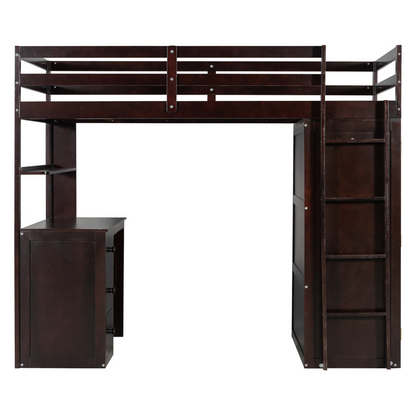 Twin size solid wood loft bed with built-in desk, drawers, and wardrobe storage from Start2Finish, ideal for bedroom or study space