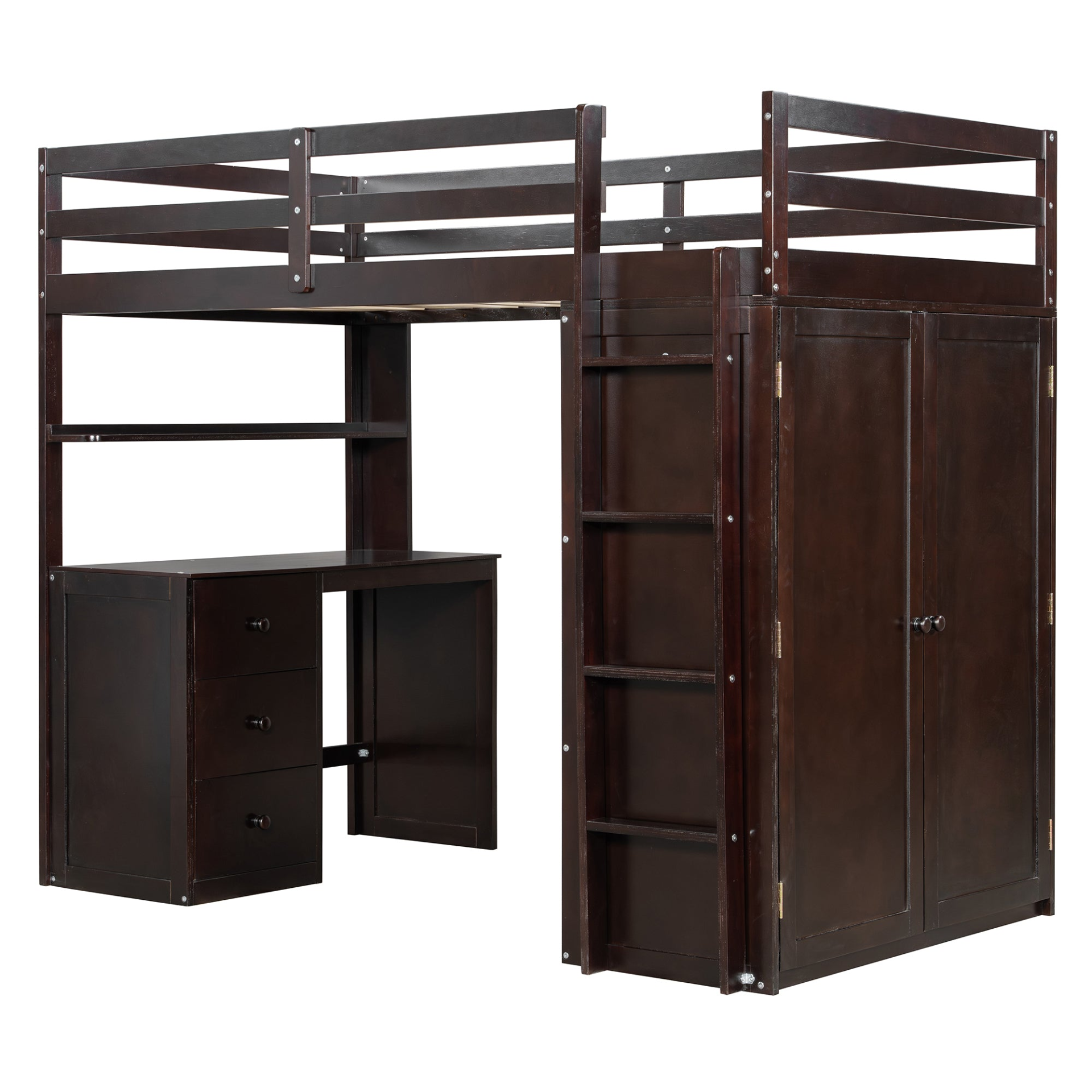 Twin size loft bed by Start2Finish with solid wood frame, built-in desk, drawers, and wardrobe storage for bedroom or study space