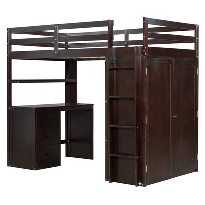 Twin size loft bed by Start2Finish with solid wood frame, built-in desk, drawers, and wardrobe storage for bedroom or study space