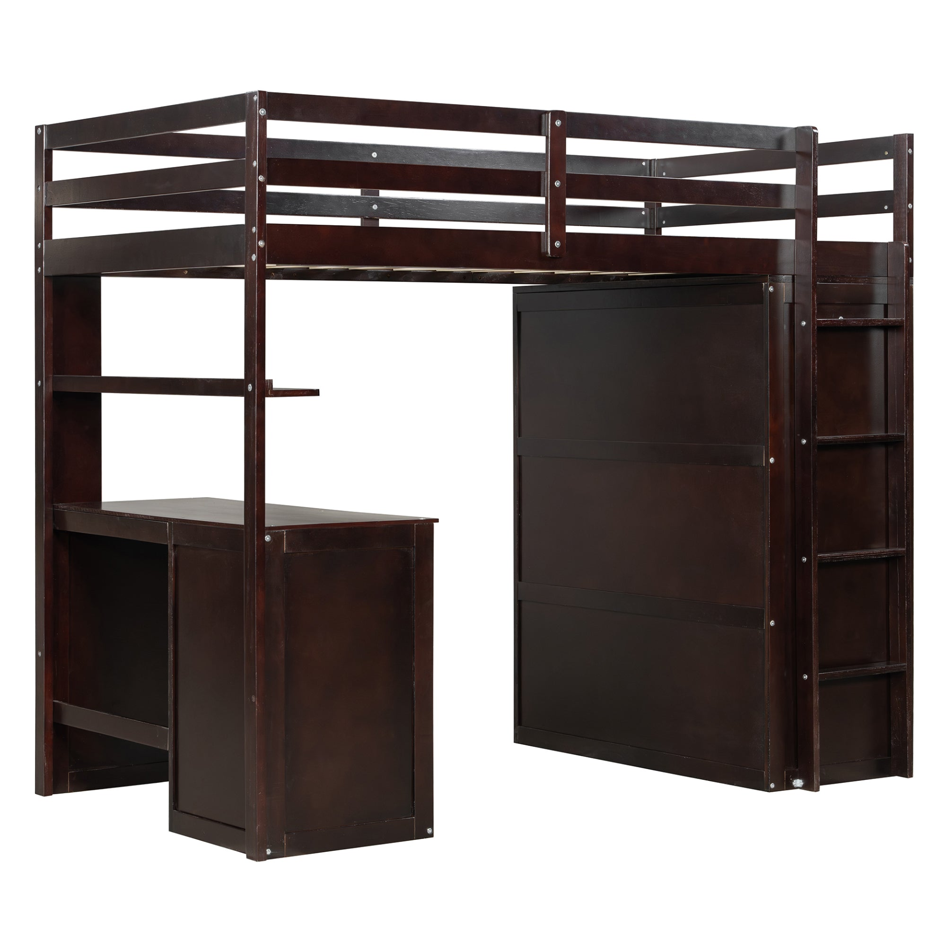Twin size loft bed by Start2Finish with solid wood frame, built-in desk, drawers, and wardrobe storage for bedroom or study area.
