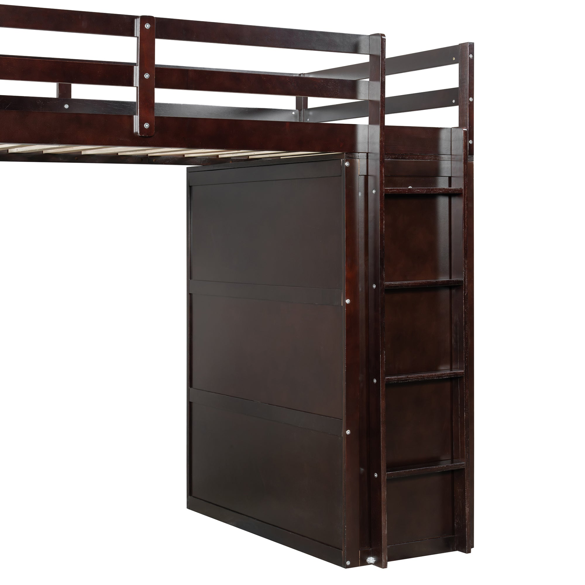 Twin size solid wood loft bed by Start2Finish with drawers, wardrobe storage, and built-in desk for bedroom or study space.
