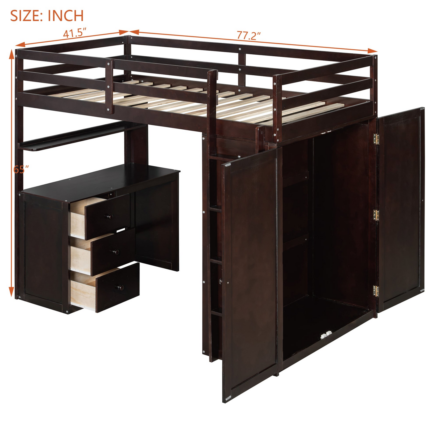 Twin size solid wood loft bed with built-in desk, drawers, and wardrobe storage, ideal for bedroom or study space by Start2Finish