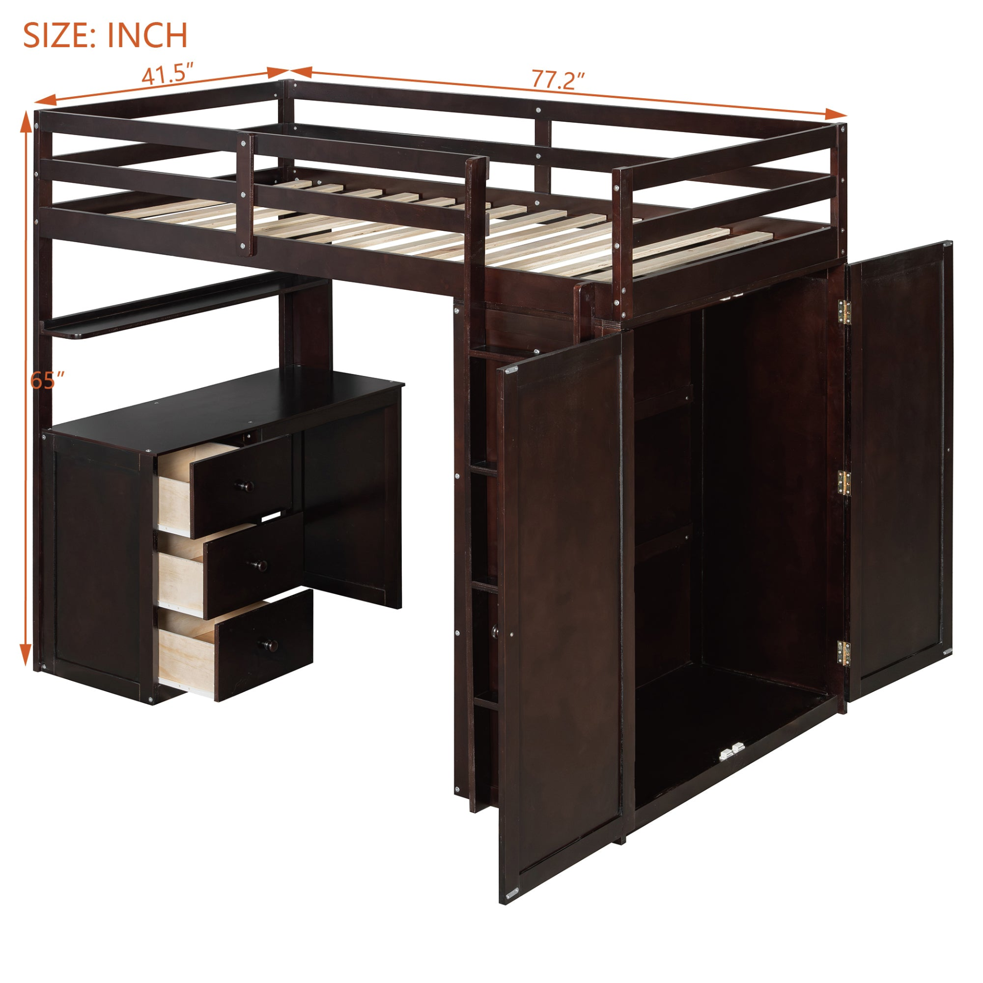 Twin size solid wood loft bed with built-in desk, drawers, and wardrobe storage, ideal for bedroom or study space by Start2Finish