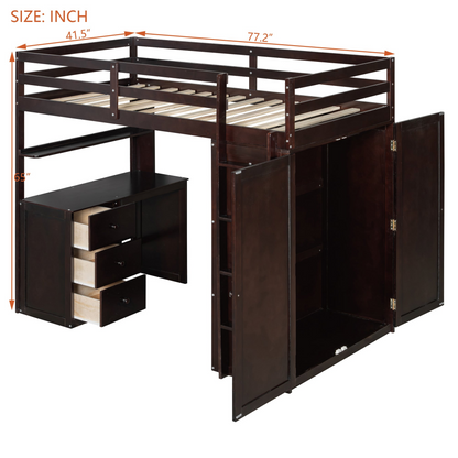Twin size solid wood loft bed with built-in desk, drawers, and wardrobe storage, ideal for bedroom or study space by Start2Finish