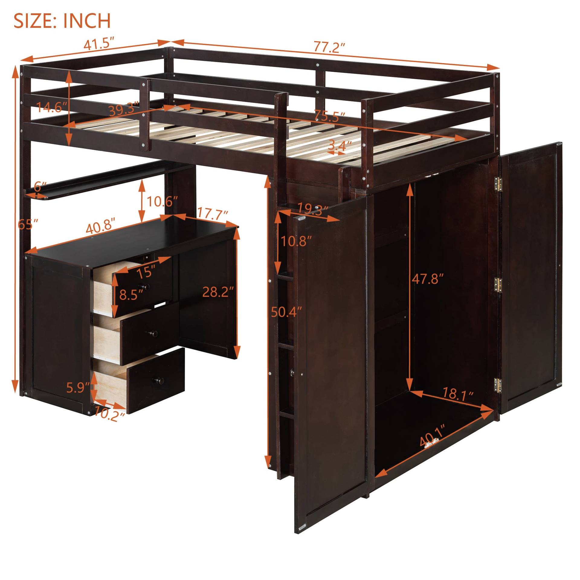 Twin size loft bed by Start2Finish with solid wood frame, built-in desk, drawers, and wardrobe storage for bedroom or study.